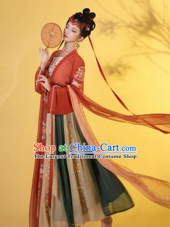 Traditional Chinese Tang Dynasty Princess Historical Costumes Ancient Noble Lady Hanfu Garment Embroidered Blouse Camisole and Skirt Full Set