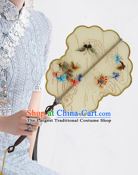 China Traditional Wedding Beige Silk Fan Embroidered Butterfly Palace Fan Handmade Bride Bamboo Hanfu Fan