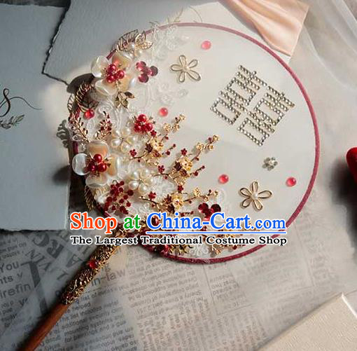 China Traditional Pearls Plum Circular Fan Handmade Wedding Palace Fan Bride Classical Dance Fan