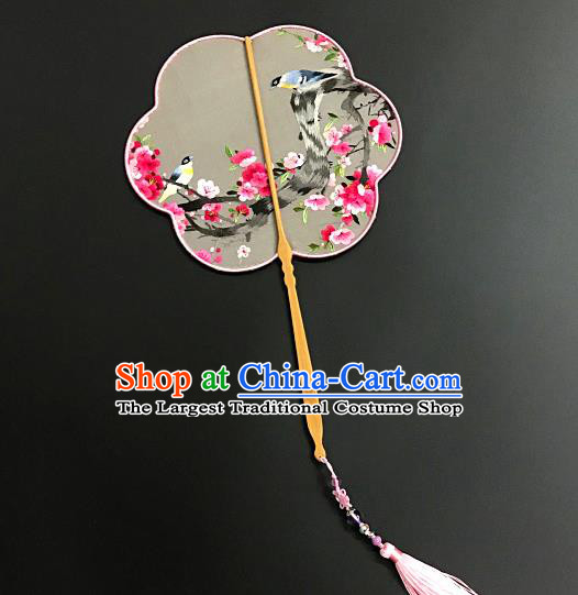 China Handmade Embroidered Plum Birds Palace Fan Silk Fan Traditional Suzhou Embroidery Hanfu Fan