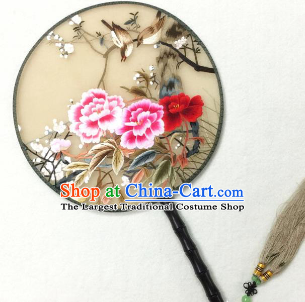 China Handmade Embroidered Peony Silk Fan Traditional Hanfu Circular Fan Palace Fan