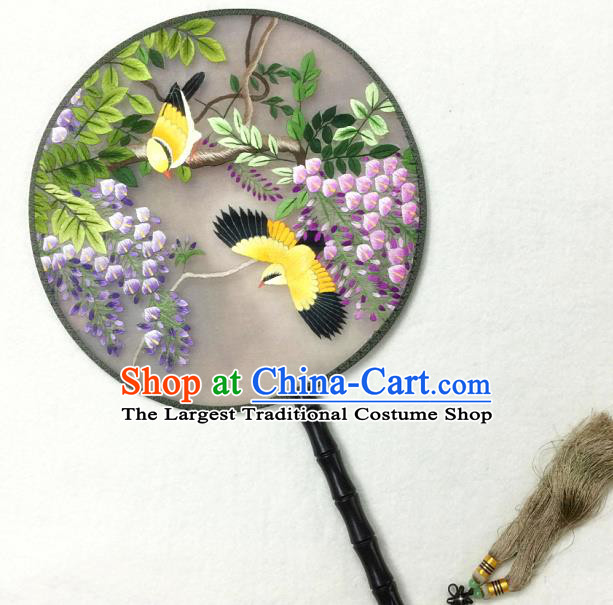 China Handmade Embroidered Wisteria Birds Palace Fan Traditional Hanfu Circular Fan Silk Fan