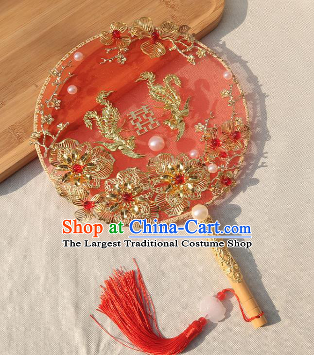 China Handmade Wedding Golden Phoenix Flowers Palace Fan Classical Dance Circular Fan Traditional Bride Red Silk Fan