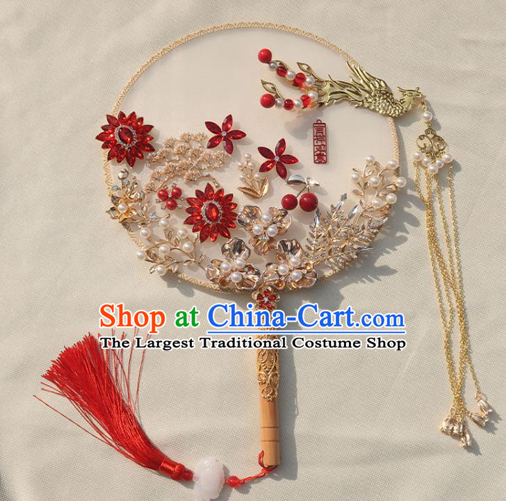 China Classical Dance Golden Phoenix Tassel Silk Fan Traditional Wedding Pearls Circular Fan Handmade Bride Red Crystal Palace Fan