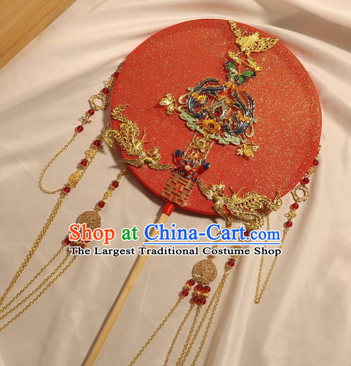 China Classical Dance Cloisonne Butterfly Circular Fan Handmade Bride Palace Fan Traditional Wedding Golden Phoenix Tassel Fan