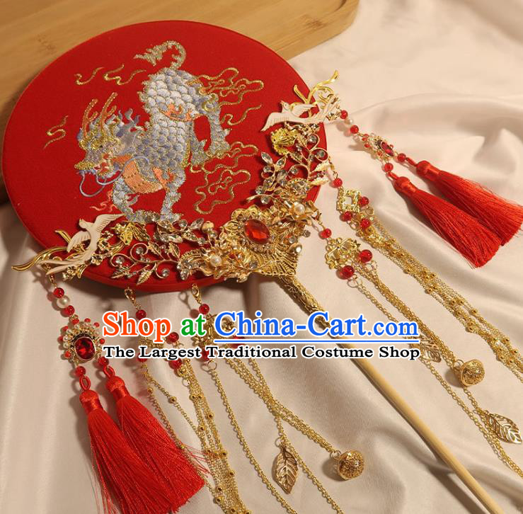 China Classical Dance Embroidered Kylin Circular Fan Handmade Bride Palace Fan Traditional Wedding Red Fan