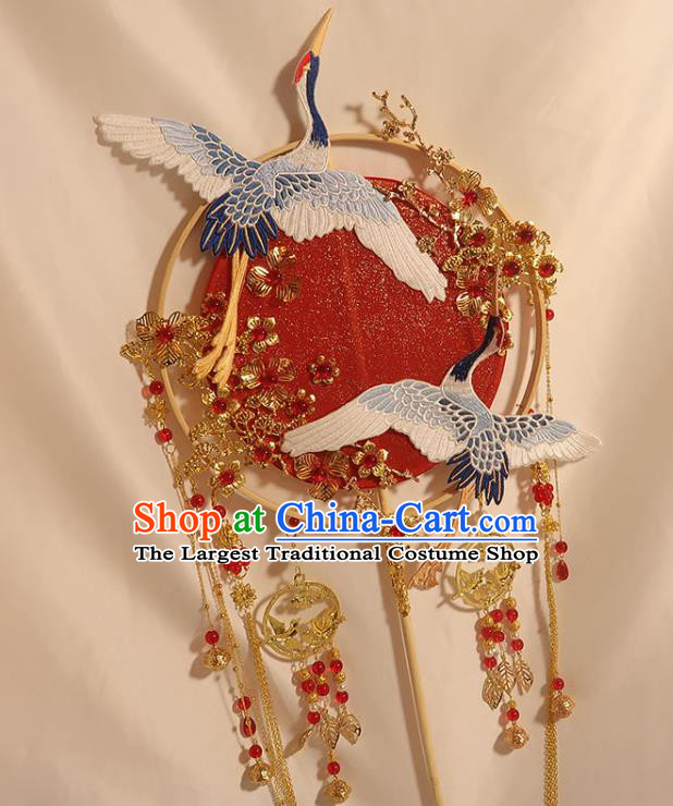 China Traditional Wedding Embroidered Crane Circular Fan Handmade Bride Palace Fan Classical Dance Red Silk Fan