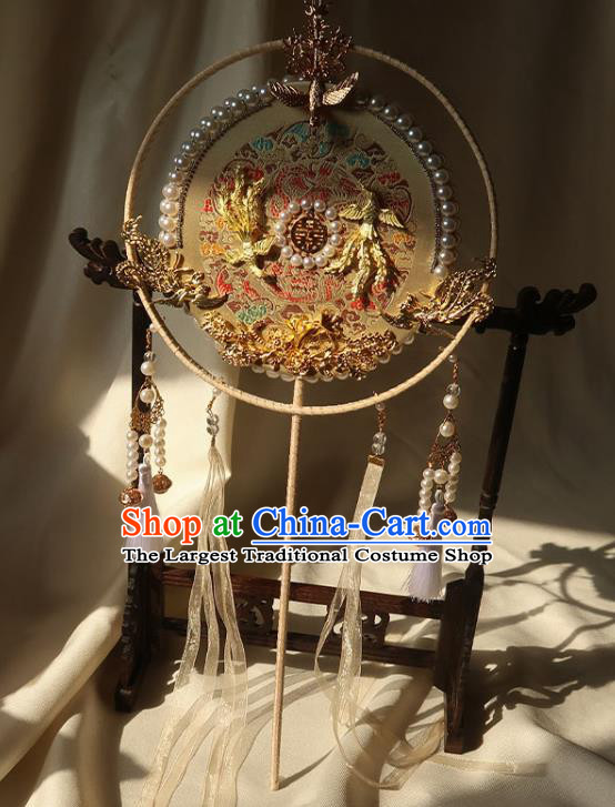 China Ancient Princess Circular Fan Traditional Golden Phoenix Palace Fan Handmade Hanfu Light Yellow Silk Fan