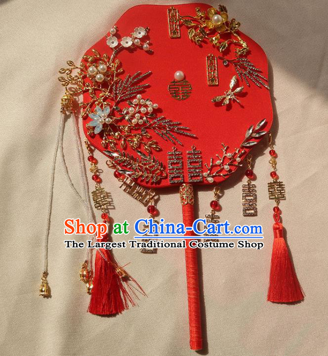 China Ancient Princess Crystal Flowers Fan Handmade Hanfu Red Silk Fan Traditional Wedding Palace Fan