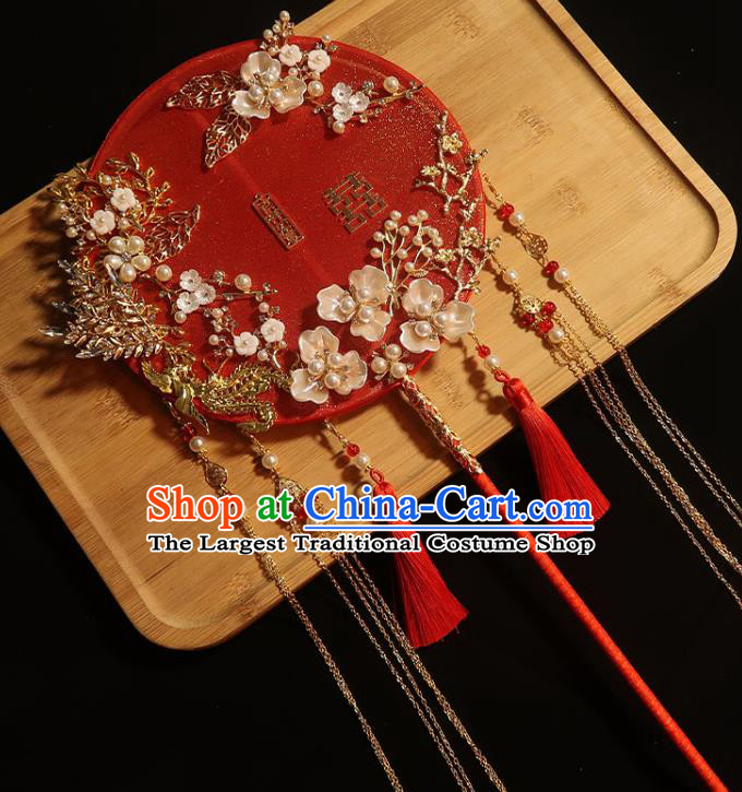 China Traditional Wedding Silk Fan Classical Dance Red Tassel Circular Fan Handmade Bride Shell Plum Palace Fan