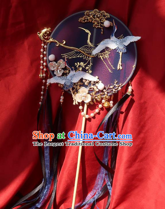 China Traditional Wedding Embroidered Crane Palace Fan Ancient Princess Circular Fan Handmade Hanfu Deep Blue Silk Fan