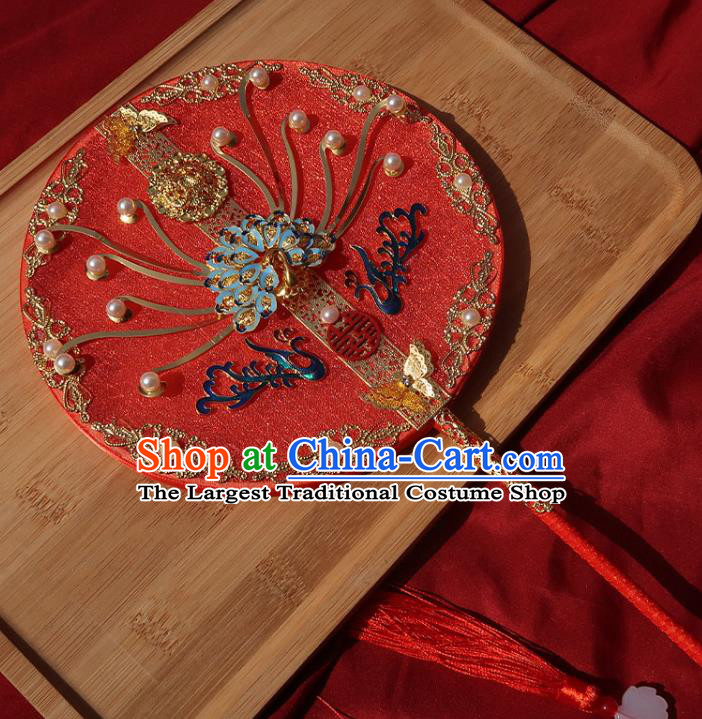 China Handmade Bride Palace Fan Classical Dance Cloisonne Peacock Fan Traditional Wedding Circular Fan