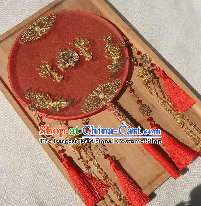 China Handmade Bride Red Silk Palace Fan Classical Dance Golden Lantern Tassel Fan Traditional Wedding Circular Fan