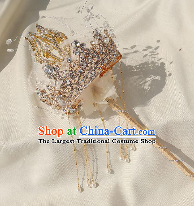 Handmade Queen Golden Royal Crown Sceptre Top Grade Wedding Crystal Bridal Bouquet Bride White Veil Cane