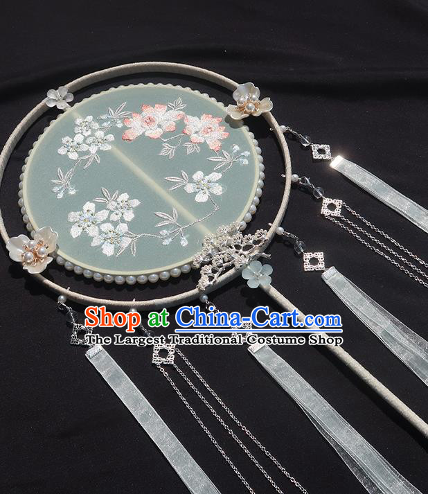 China Classical Wedding Fan Handmade Ribbon Tassel Palace Fan Traditional Hanfu Embroidered Circular Fan