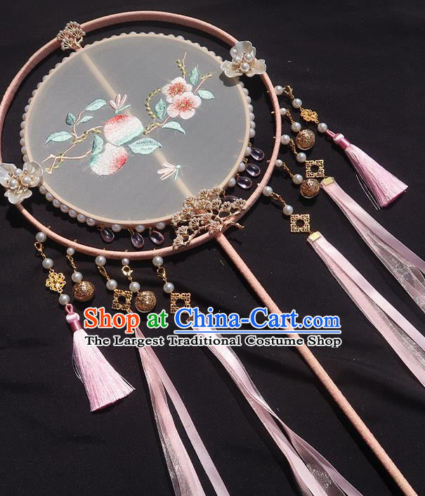 China Traditional Hanfu Embroidered Peach Blossom Circular Fan Classical Wedding Fan Handmade Pink Tassel Palace Fan