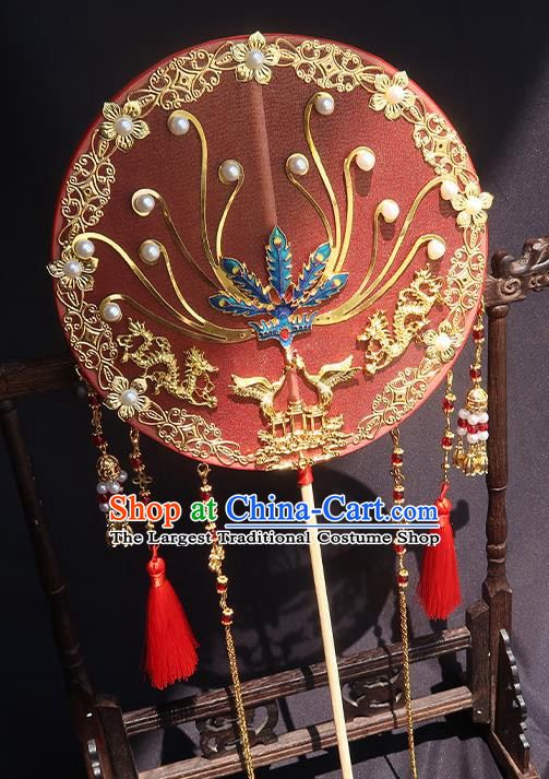 China Handmade Red Silk Palace Fan Traditional Hanfu Fan Classical Wedding Blueing Phoenix Circular Fan