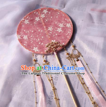 China Classical Wedding Circular Fan Traditional Princess Hanfu Fan Handmade Pink Silk Palace Fan