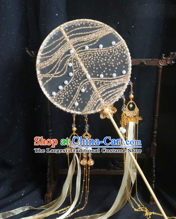 China Traditional Hanfu Circular Fan Handmade Golden Sachet Palace Fan Classical Princess Yellow Ribbon Tassel Fan