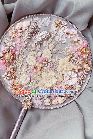 China Traditional Hanfu Argent Butterfly Fan Handmade Wedding Palace Fan Classical White Beads Flowers Circular Fan