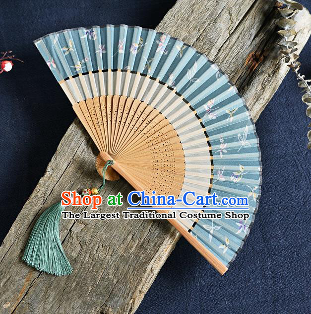 Handmade Chinese Folding Fan Accordion Fan Printing Blue Silk Fans