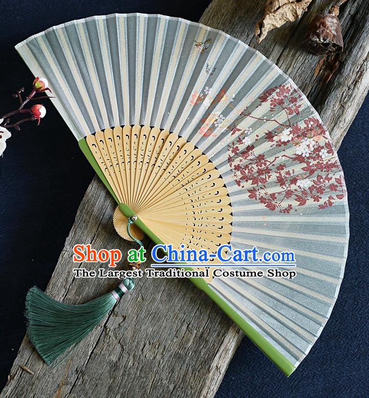 Handmade Chinese Green Bamboo Accordion Fan Blue Silk Fans Printing Folding Fan