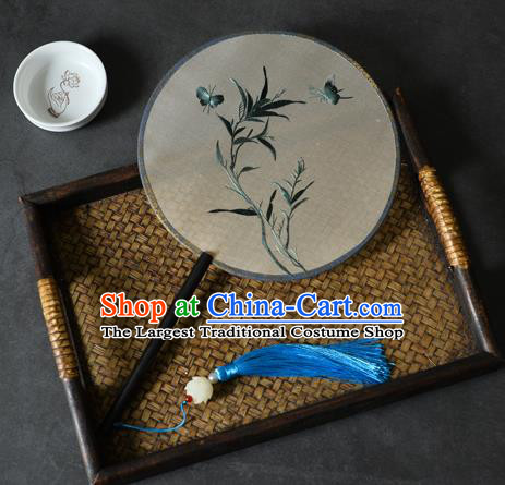 China Handmade Ebony Fan Classical Dance Silk Circular Fan Traditional Suzhou Embroidered Grass Butterfly Palace Fan