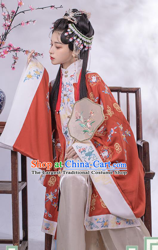 Traditional China Ancient Court Beauty Red Hanfu Dress Embroidered Apparels Ming Dynasty Patrician Lady Historical Clothing