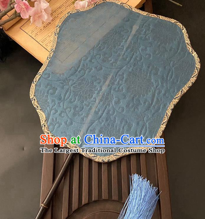 China Handmade Jacquard Peony Blue Silk Fan Traditional Ancient Song Dynasty Palace Fan Classical Hanfu Fan