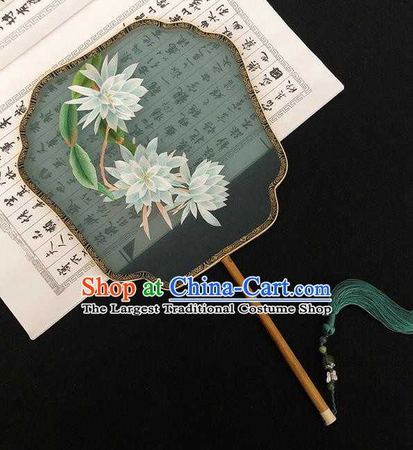 China Classical Dance Fan Handmade Embroidered Epiphyllum Palace Fan Traditional Hanfu Fan Green Silk Fan