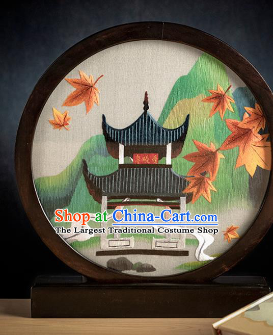 Chinese Desk Circular Ornament Traditional Hunan Embroidery Pavilion Table Screen Handmade Narra Craft