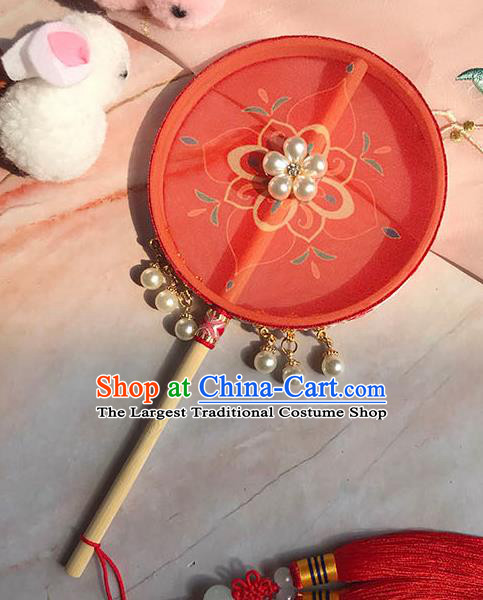 China Ancient Bride Palace Fan Handmade Wedding Red Silk Fan Traditional Hanfu Circular Fan