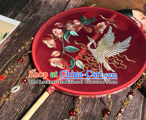 China Wedding Red Silk Fan Handmade Palace Fan Traditional Hanfu Embroidered Begonia Crane Circular Fan