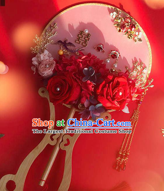 China Bride Circular Fan Wedding Silk Fan Handmade Palace Fan Traditional Red Rose Fan