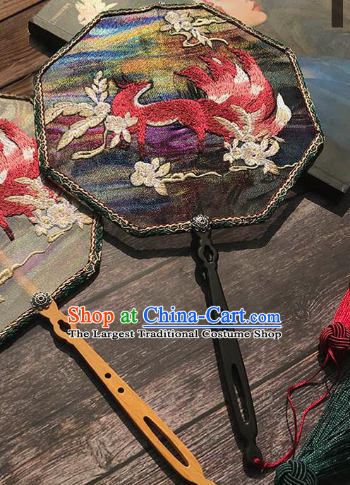 China Traditional Black Silk Fan Wedding Embroidered Nine Tail Fox Fan Handmade Octagon Palace Fan