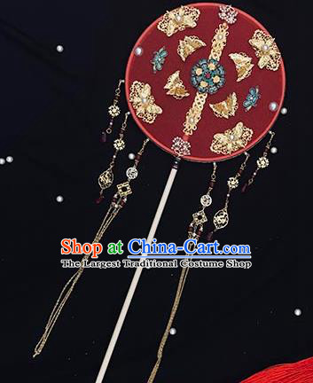 China Handmade Blueing Peony Palace Fan Wedding Circular Fan Traditional Red Silk Fan