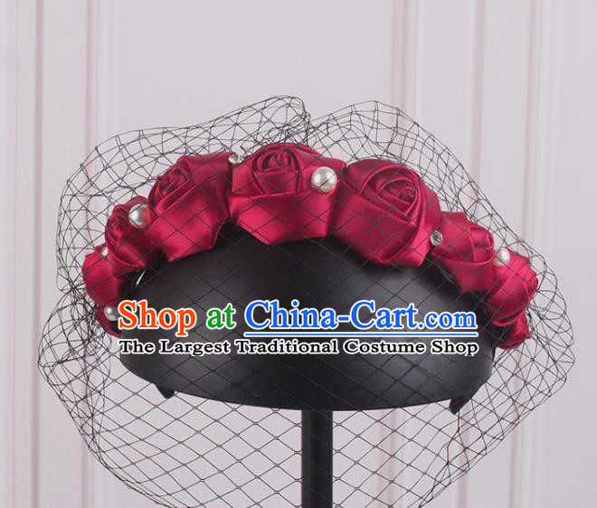 French Elegant Wedding Face Veil Headwear Bride Wine Red Satin Rose Hair Clasp