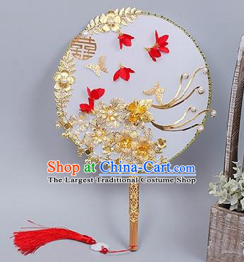 China Handmade Golden Flowers Palace Fan Traditional Bride Circular Fan Wedding Silk Fan