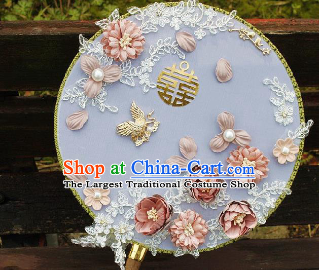 China Traditional Wedding Silk Fan Bride Circular Fan Handmade Pink Roses Palace Fan