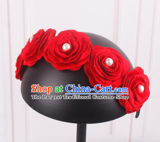 French Bride Red Rose Hair Clasp Elegant Wedding Headband Court Hair Accessories