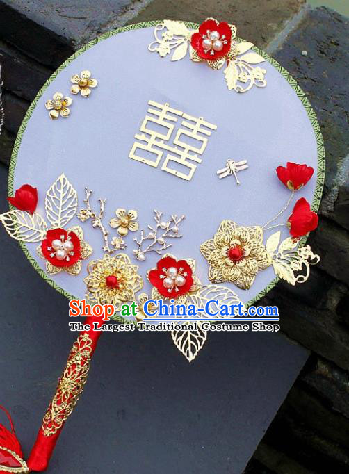 China Traditional Wedding Xiuhe Suit Silk Fan Handmade Palace Fan Bride Golden Plum Circular Fan