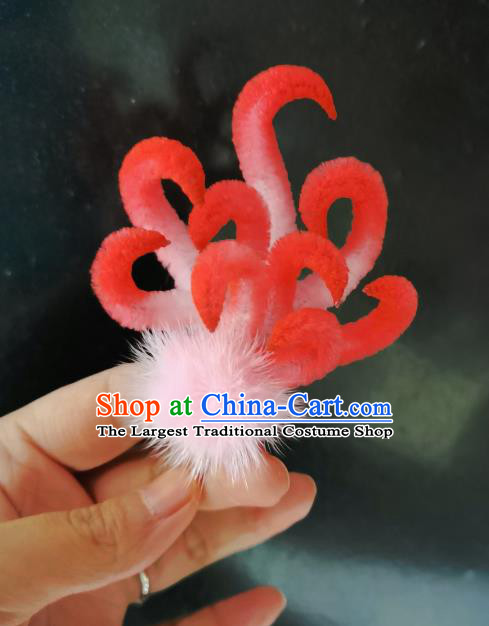 China Traditional Red Velvet Fox Hair Stick Handmade Ancient Princess Hairpin