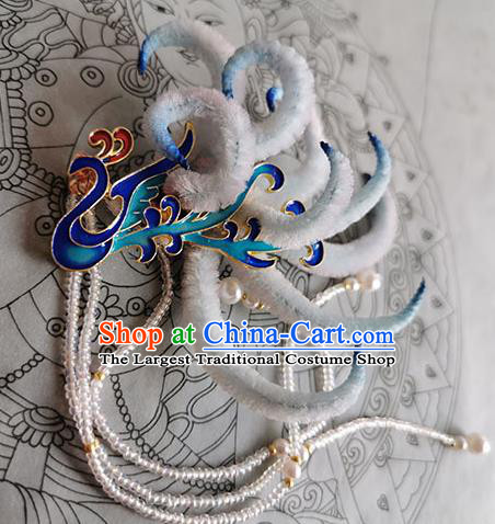 China Traditional Ming Dynasty Phoenix Velvet Hairpin Handmade Ancient Empress Beads Tassel Hair Stick