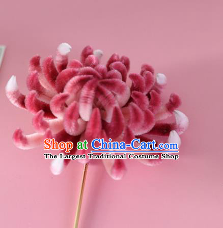 China Handmade Hanfu Flower Hair Stick Traditional Ancient Qing Dynasty Palace Lady Rosy Velvet Chrysanthemum Hairpin