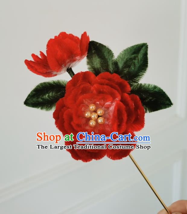 China Traditional Ancient Qing Dynasty Princess Flowers Hairpin Handmade Red Velvet Peony Hair Stick