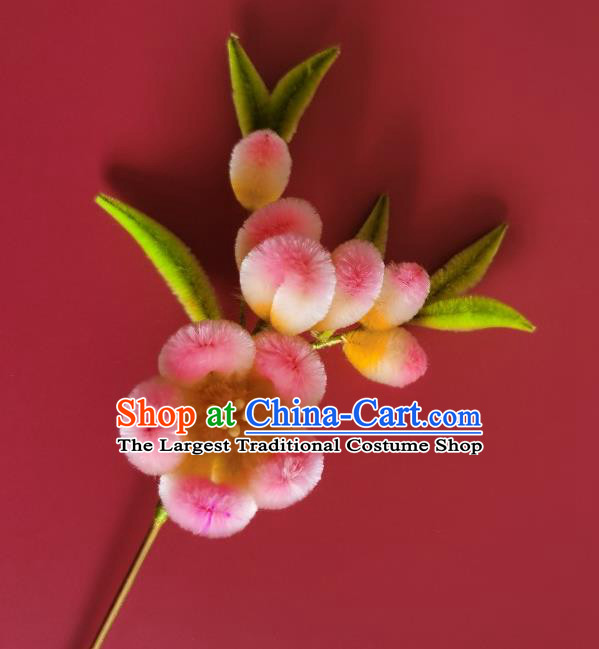 China Ancient Empress Pink Plum Blossom Hairpin Traditional Handmade Velvet Hair Stick