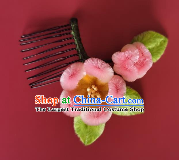 China Traditional Handmade Velvet Plum Hair Comb Ancient Princess Pink Hair Stick