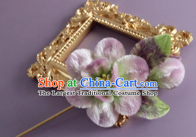 Traditional China Ancient Hanfu Hairpin Handmade Lilac Velvet Flowers Hair Accessories