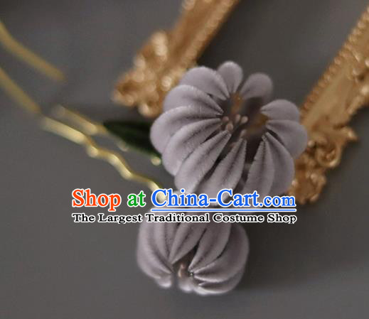 Handmade China Ancient Court Lady Hairpin Traditional Hanfu Hair Accessories Grey Velvet Chrysanthemum Hair Stick