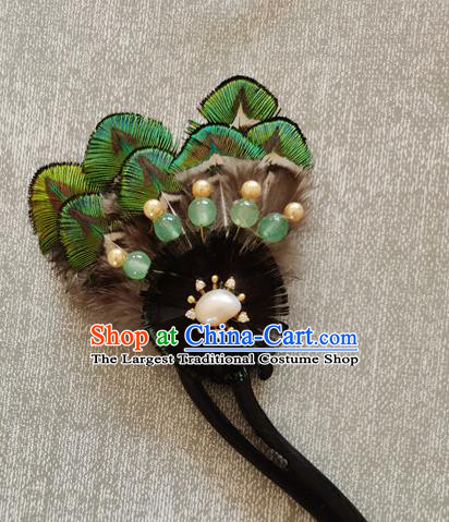 China Classical Cheongsam Green Feather Hairpin Traditional Hanfu Hair Accessories Handmade Ebony Hair Stick